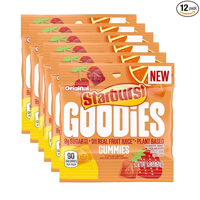 STARBURST GOODIES Original Low Sugar Plant-Based Fruit Gummy Candy, 1.8 Oz Bags (Pack of 12)